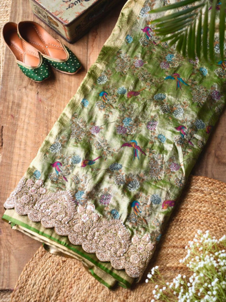 Song of Meadows Green Saree with Zari and Stone Embroidery