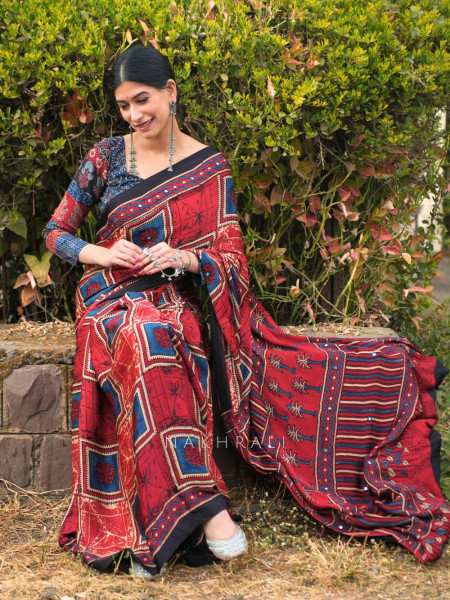 Neerja Red Modal Silk Printed Saree