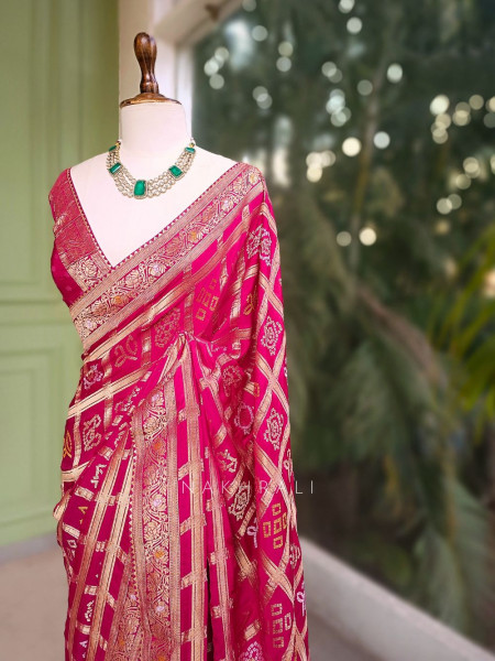 Rangriti Magenta Bandhani Saree with Gota Border