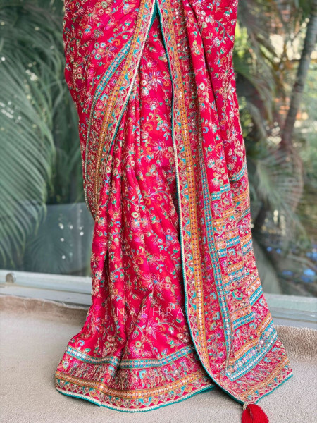 Zehra Red Printed Saree with Zari Sequin Work and Readymade Blouse