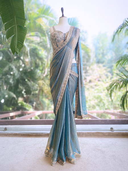 Vyra Teal Blue Drape Saree with Embroidered Corset Blouse