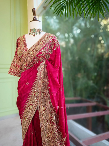 Virasat Maroon Crepe Saree with Heavy Embroidery and Readymade Blouse