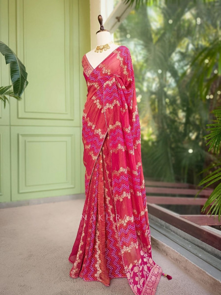 Morvyn Magenta Saree with Bandhani Print and Zari Weave