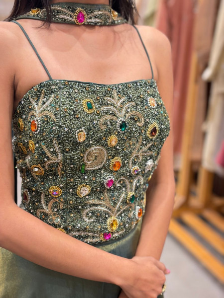 Urban Flare Green Indo-Western Lehenga Set with Cut Dana and Stone Work