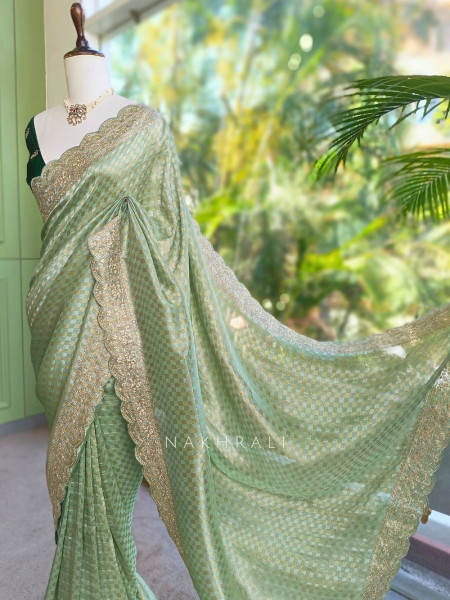 Noor-e-Tarang Pista Green Checks Weaved Saree with Embroidered Border