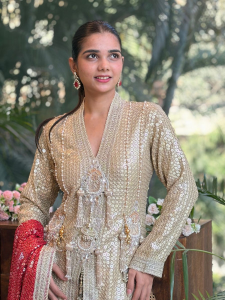 Noorveen Golden Sequin Dhoti & Kurta Set with Contrast Dupatta