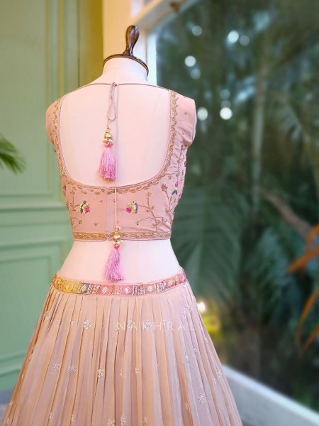 Elara Peach Embroidered Net Lehenga