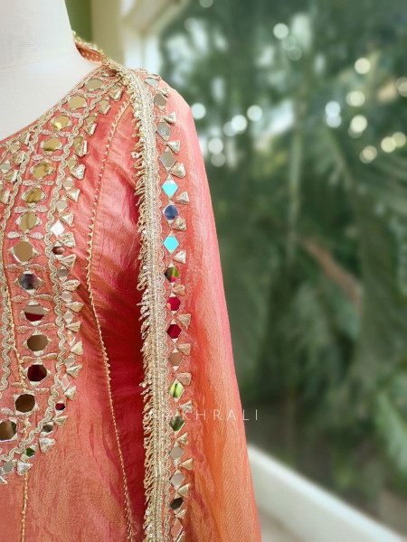 Amaya Peach Tissue Dhoti Kurta Set with Mirror and Gota Patti Work