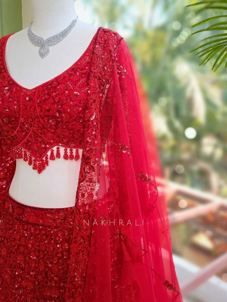 Kavika Red Net Lehenga with Sequin and Cut Dana Work
