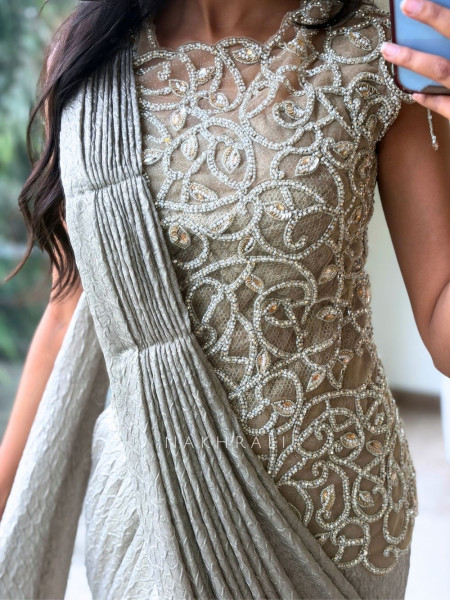 Ripple Beige Crushed Silk & Tulle Net Pre-Stitched Drape Saree