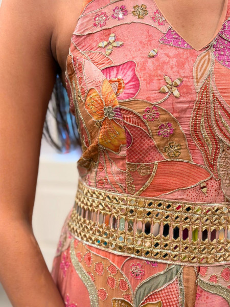 Kavrie Pink Floral Jumpsuit with Embroidery and Mirror Work