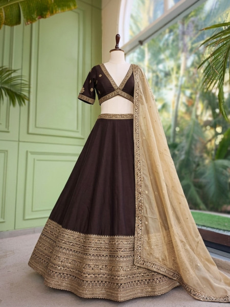 Zari-Crested Cocoa Brown Lehenga