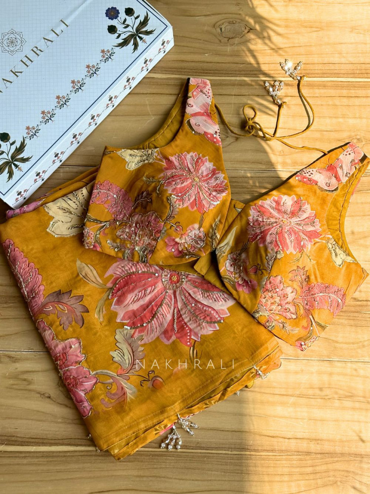 Image of Dahlia Yellow Organza Saree with Sequin and Cut Dana Work