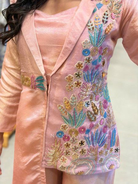 Tivana Pink Jacket Set with Floral Embroidery
