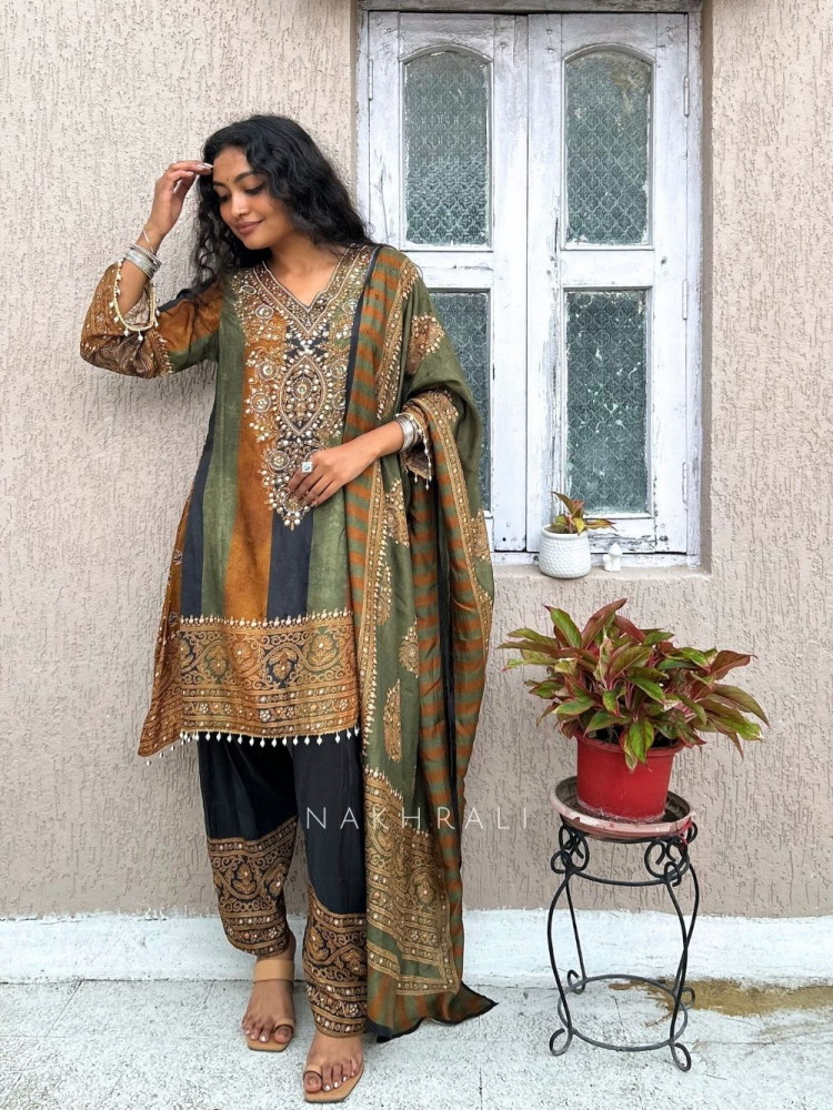 Image of Aranya Rust-Olive Printed Silk Salwar Suit Set