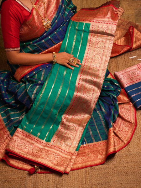 Kaashi Rama Green Banarasi Silk Saree with Brocade Pallu