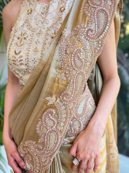 Svarna Rekha Gold Saree with Zari Zardozi Work