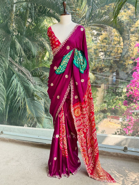 Rangtaal Wine Bandhani Saree