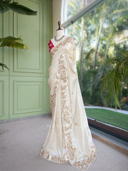 Dimensional Petal Cream Saree with Running Blouse Piece