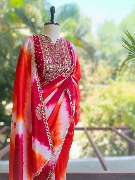 Rangriti Red Leheriya Saree with Sequin Gota Blouse