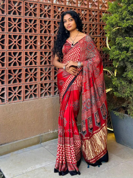Naqsh Red Ajrakh Print Modal Saree
