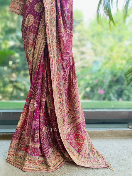 Guzel Wine Gajji Silk Saree with Mosaic Print
