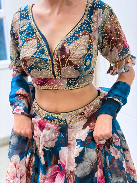 Marjaan Multicolor Organza Silk Floral Printed Lehenga with Zardozi, Cutdana & Sequin Work