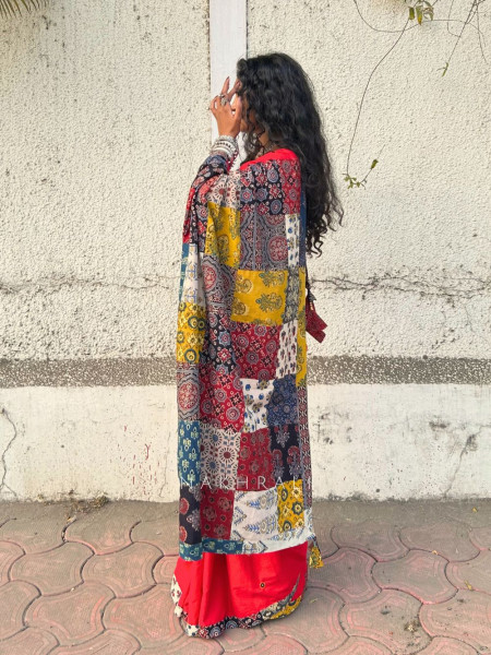 Sootra Red Cotton Saree with Patchwork Border