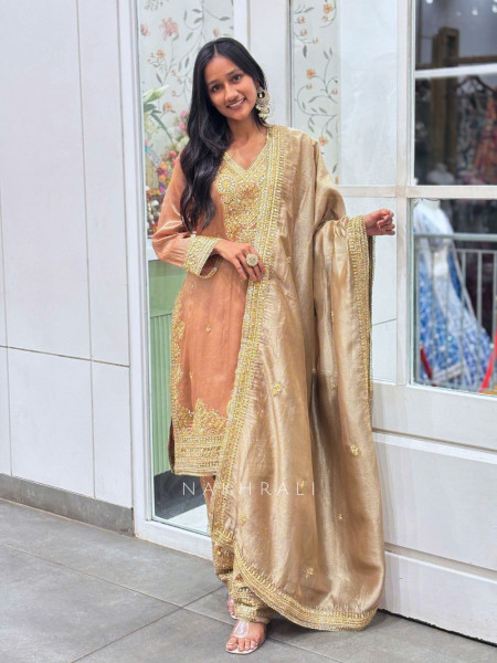 Zaynah Peach Suit Set with Zari Sequin Work