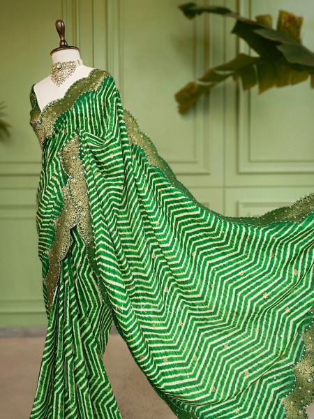 Prathmika Green Pure Georgette Saree  Leheriya Gota Patti Work