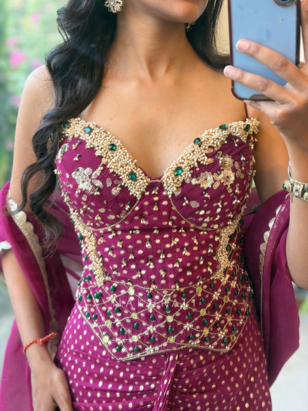 Artifact Wine Indo-Western Corset Crop Top & Pre-Draped Skirt