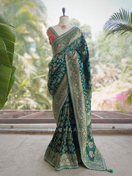 Anant Bindu Green Bottel Bandhani Print Saree with Sequin Border
