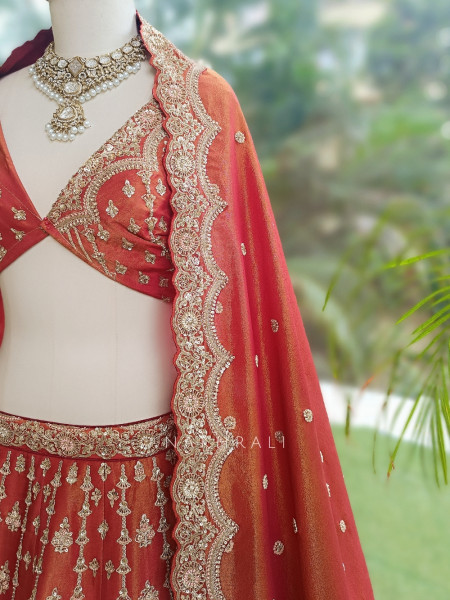 Mashoor Rust Raw Silk Unstitched Bridal Lehenga