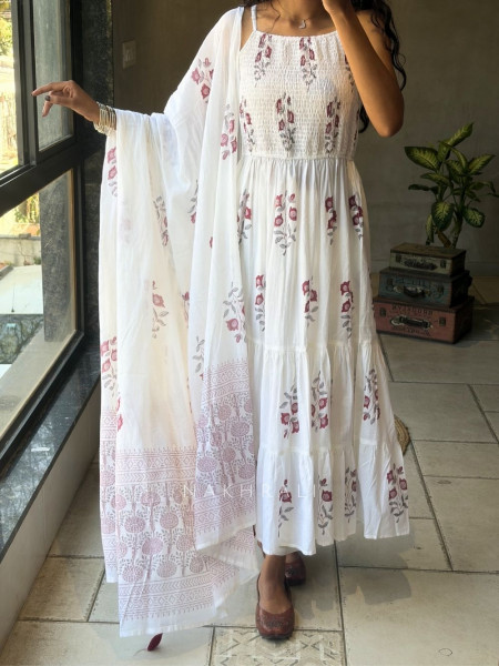 Liora White Cotton Suit Set with Floral Print