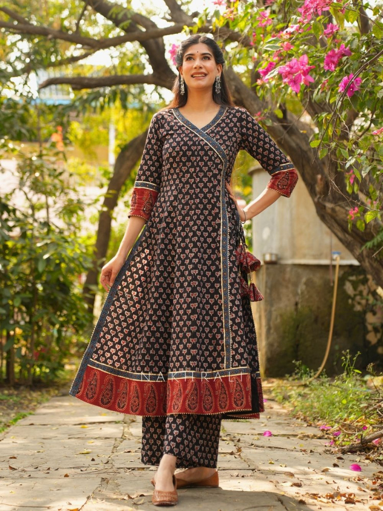 Image of Mirza Black Angrakha Cotton Kurta