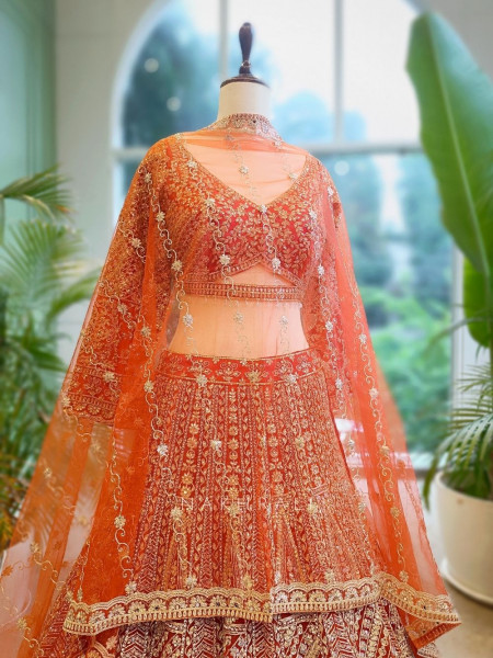 Royal Vermilion Brick Bridal Lehenga with Intricate Zari Work