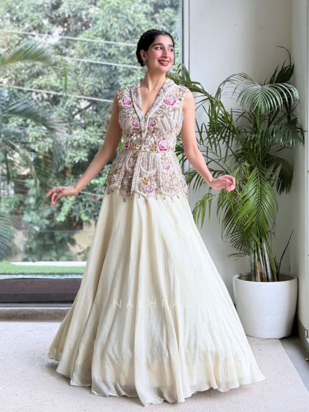 Linear Eden Cream Georgette & Tulle Net Lehenga