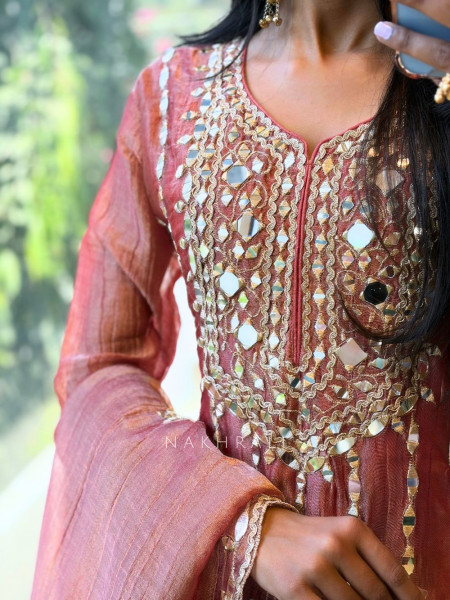 Evara Brown Tissue Anarkali Suit Set with Mirror and Gota Work