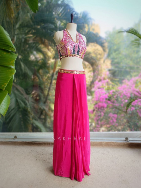 Willow Magenta Halter Indo-Western Set with Cape Shrug