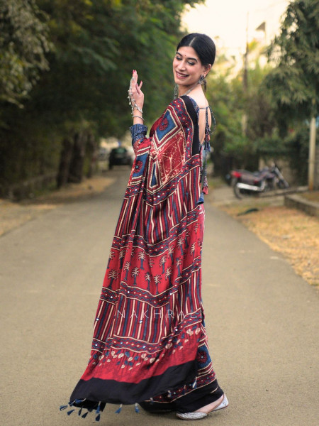 Neerja Red Modal Silk Printed Saree