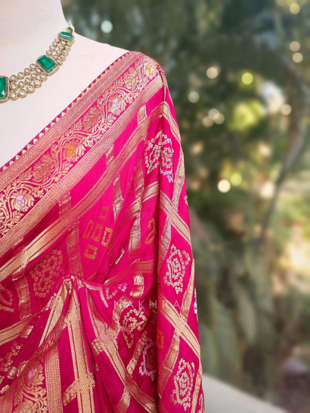 Rangriti Magenta Bandhani Saree with Gota Border