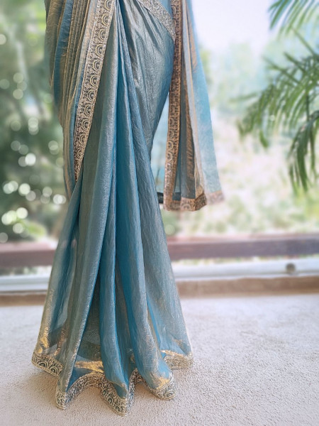 Vyra Teal Blue Drape Saree with Embroidered Corset Blouse