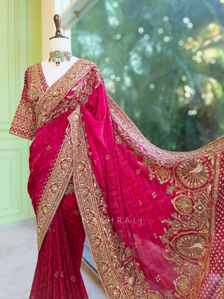 Virasat Maroon Crepe Saree with Heavy Embroidery and Readymade Blouse