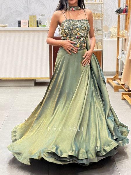 Urban Flare Green Indo-Western Lehenga Set with Cut Dana and Stone Work