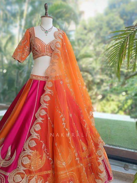 Nishika Rani Pink & Orange Silk Satin Lehenga