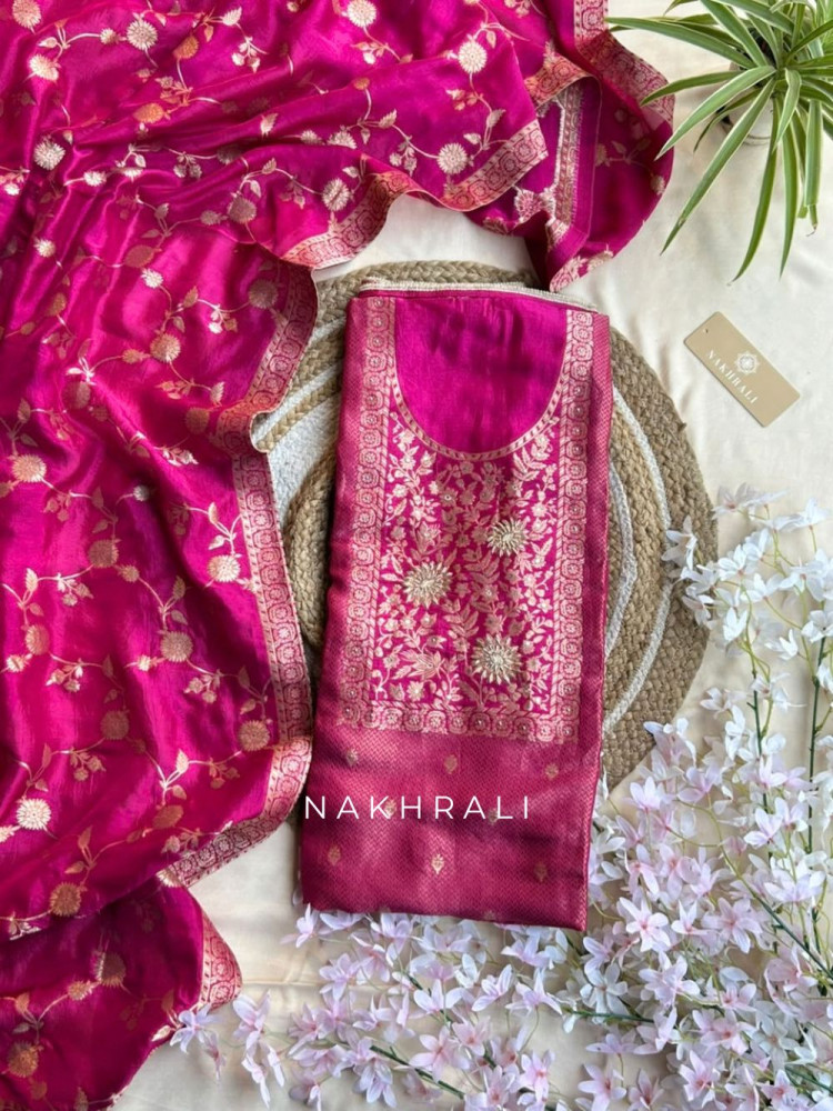 Image of Koshika Magenta Banarasi Woven Silk Dress Material