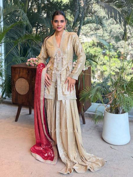 Noorveen Golden Sequin Dhoti & Kurta Set with Contrast Dupatta