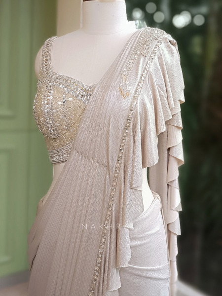Pearl Dust Cream Drape Saree with Sequin Work