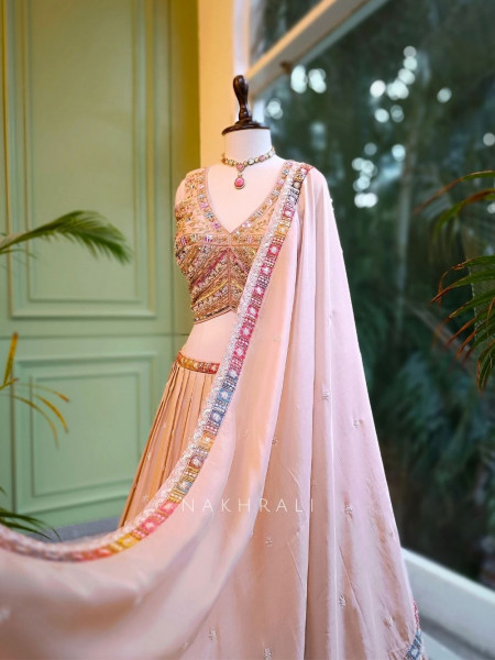 Elara Peach Embroidered Net Lehenga