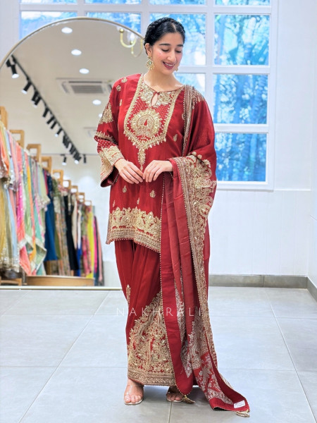 Gulnaaz Red Silk Kurta Salwar Set with Peacock Zardozi & Gota Patti Work